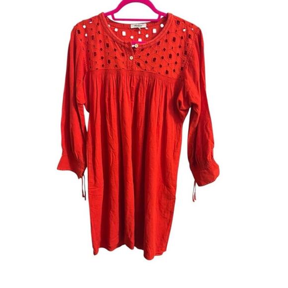 Madewell Eyelet Daybreak Dress Linen Blend Red Orange Size SMALL - Picture 3 of 12